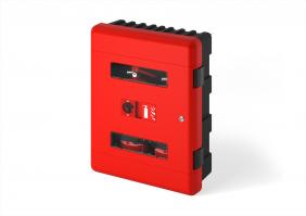 closed fire extinguisher cabinet on white background